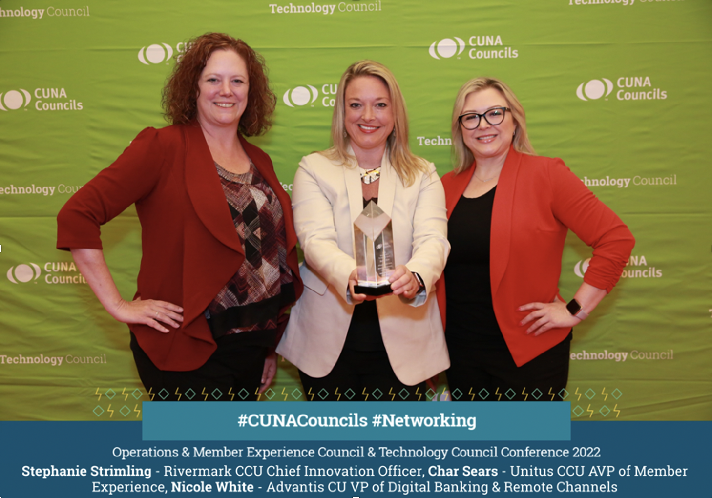 three women holding an award from CUNA for Excellence in Technology
