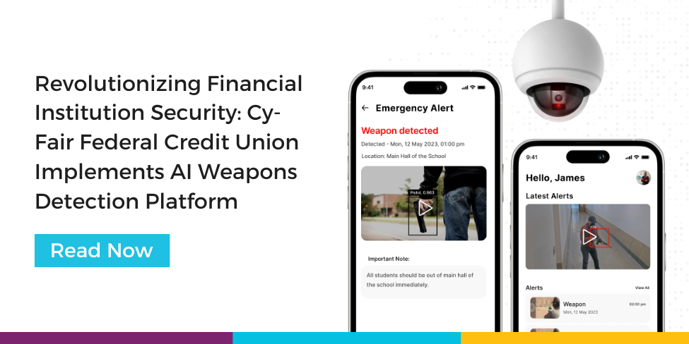 Revolutionizing Financial Institution Security: Cy-Fair Federal Credit Union Implements AI Weapons Detection. Image of a smartphone screen with a man's hand holding a gun. There is a digital box around the gun identifying the weapon and the text on screen says 