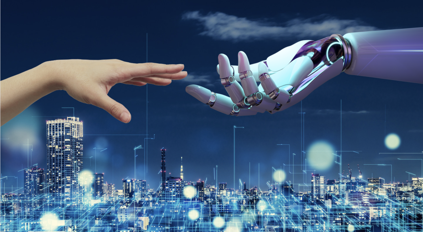 A human hand and robot hand reaching for each other over a blue digital-looking cityscape