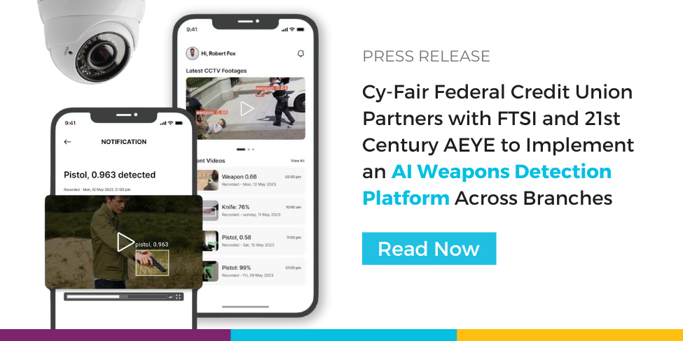 Two phone screens with images of a criminal with an weapon detected digitally. Cy-Fair FCU Partners with FTSI to Implement AEYE Defend, an AI Weapons Detection Platform